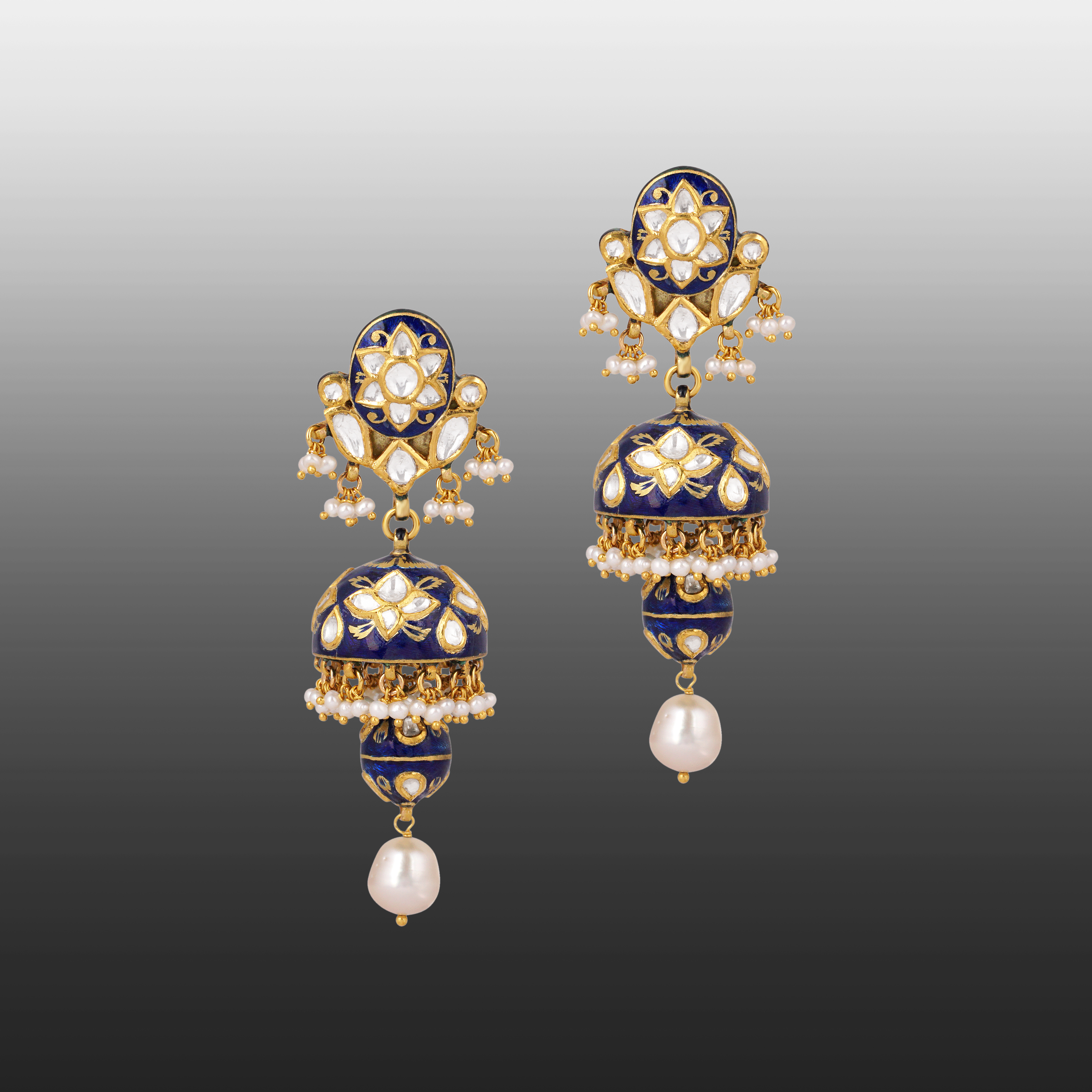 Jhumki Earrings with Blue Enamel, Polki, and Pearls
